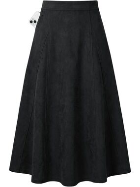 Kate Kasin Women's Basic Dark Brown High Waist A-Line Faux Suede Midi Skirts